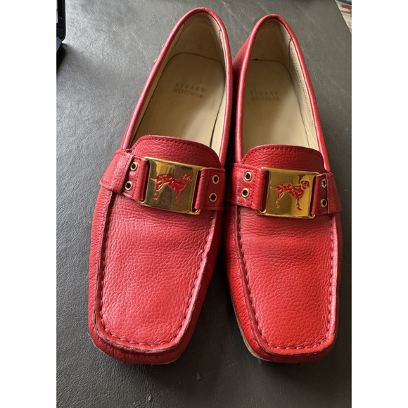 Stuart Weitzman Womens Pebble Leather Buckle Dog Loafer Heel Orange Red Sz 7M - Picture 1 of 11